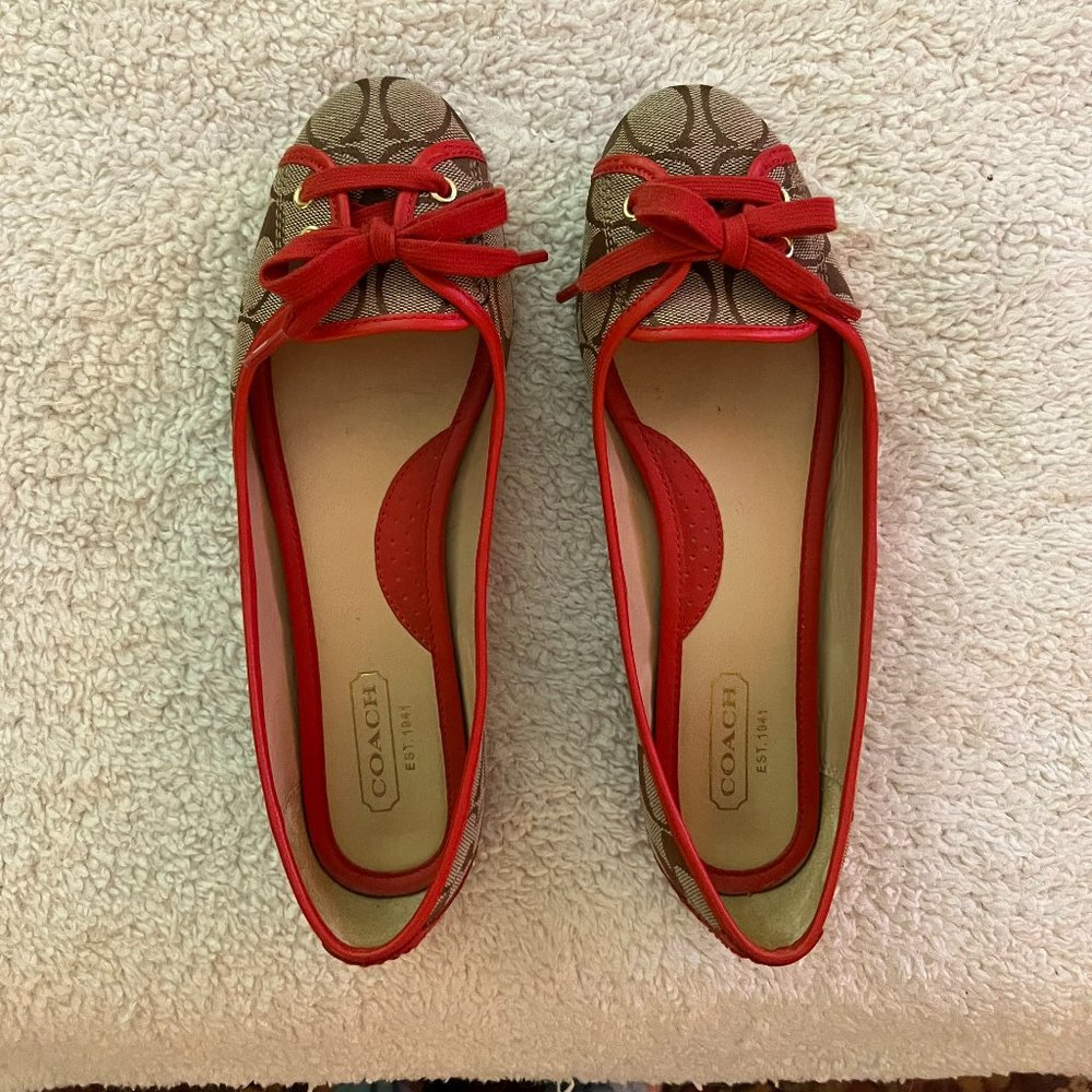 Coach Josie Slip On Ballet Flats Tan with Orange Trim & Laces